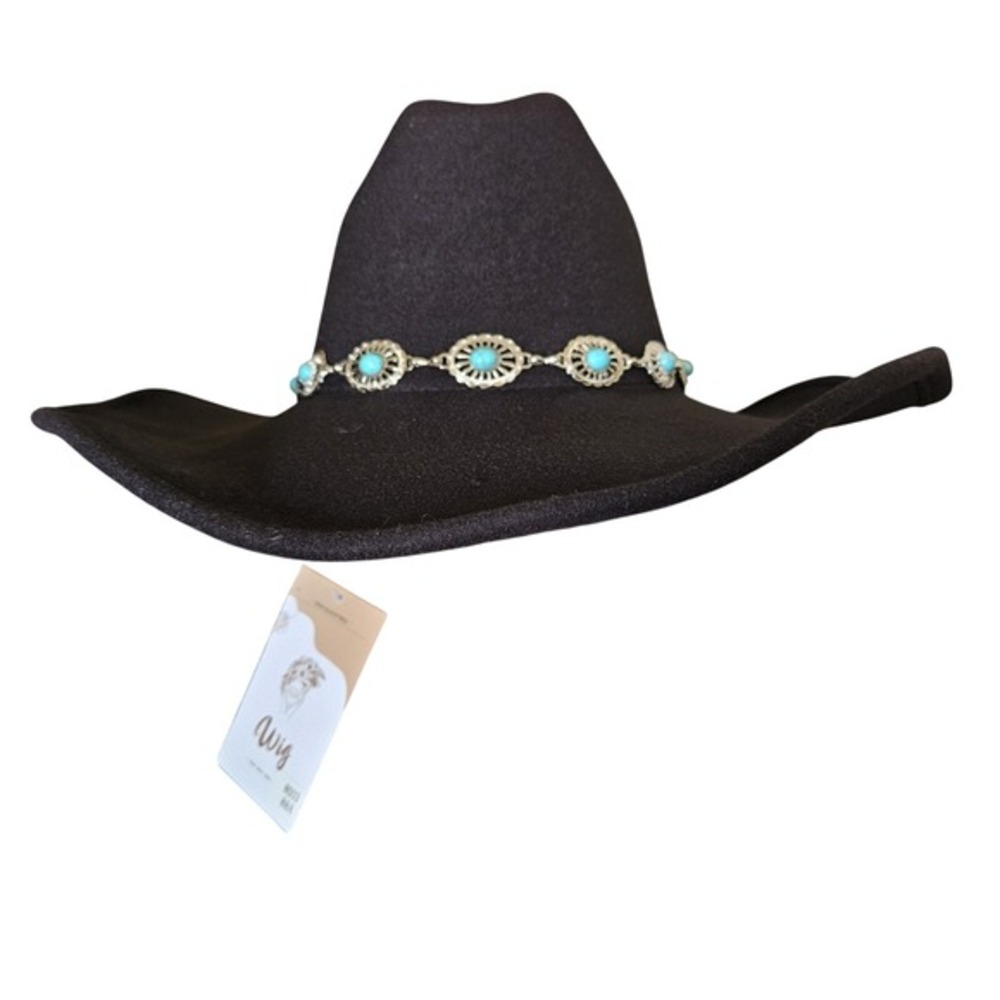 Frye Womens Faux Wool Felt Black Turquoise  Cattlemans Cowgirl Cowboy Hat‎ NWT